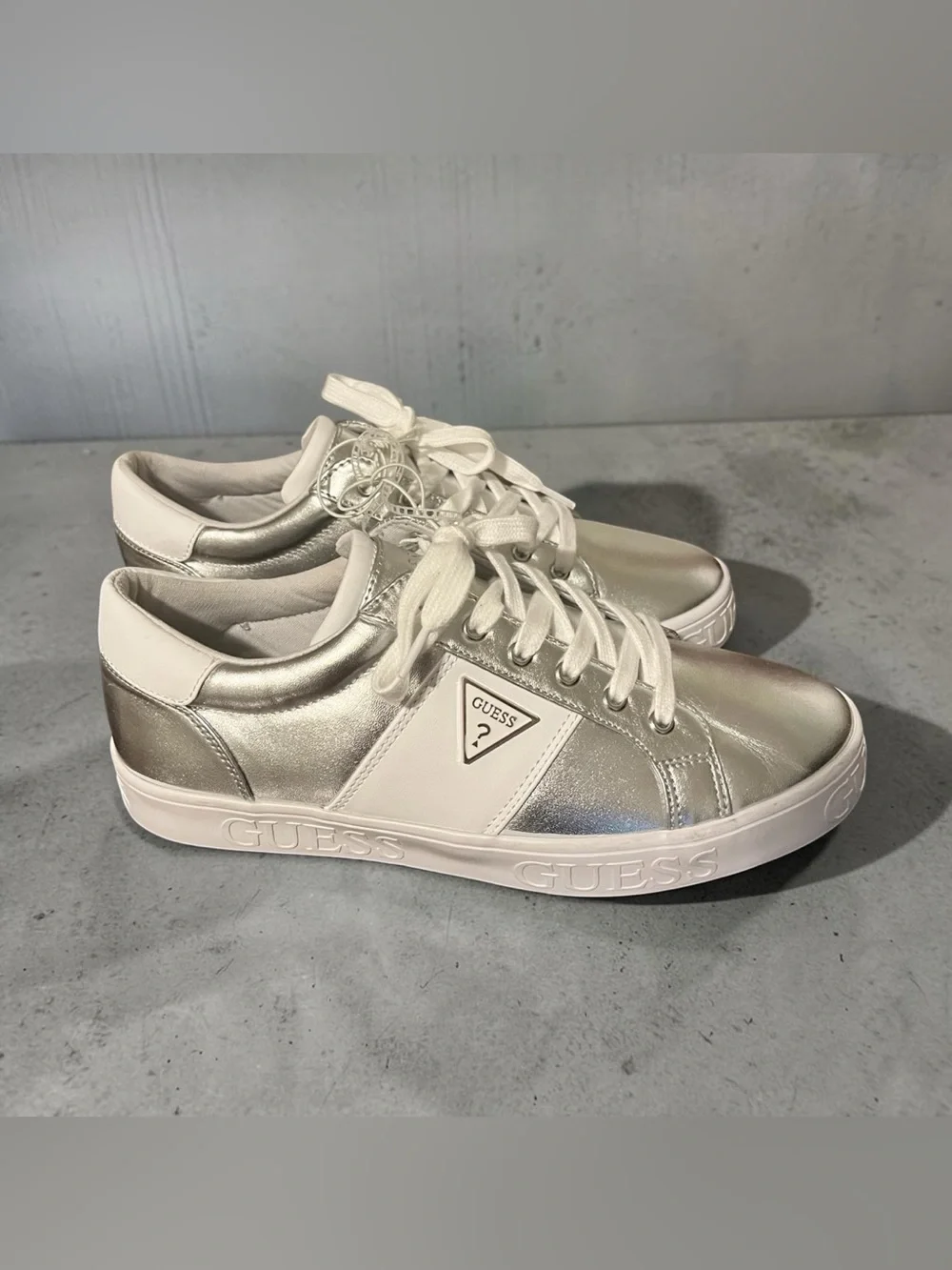 GUESS Silver and White Metallic Low-Top Sneakers